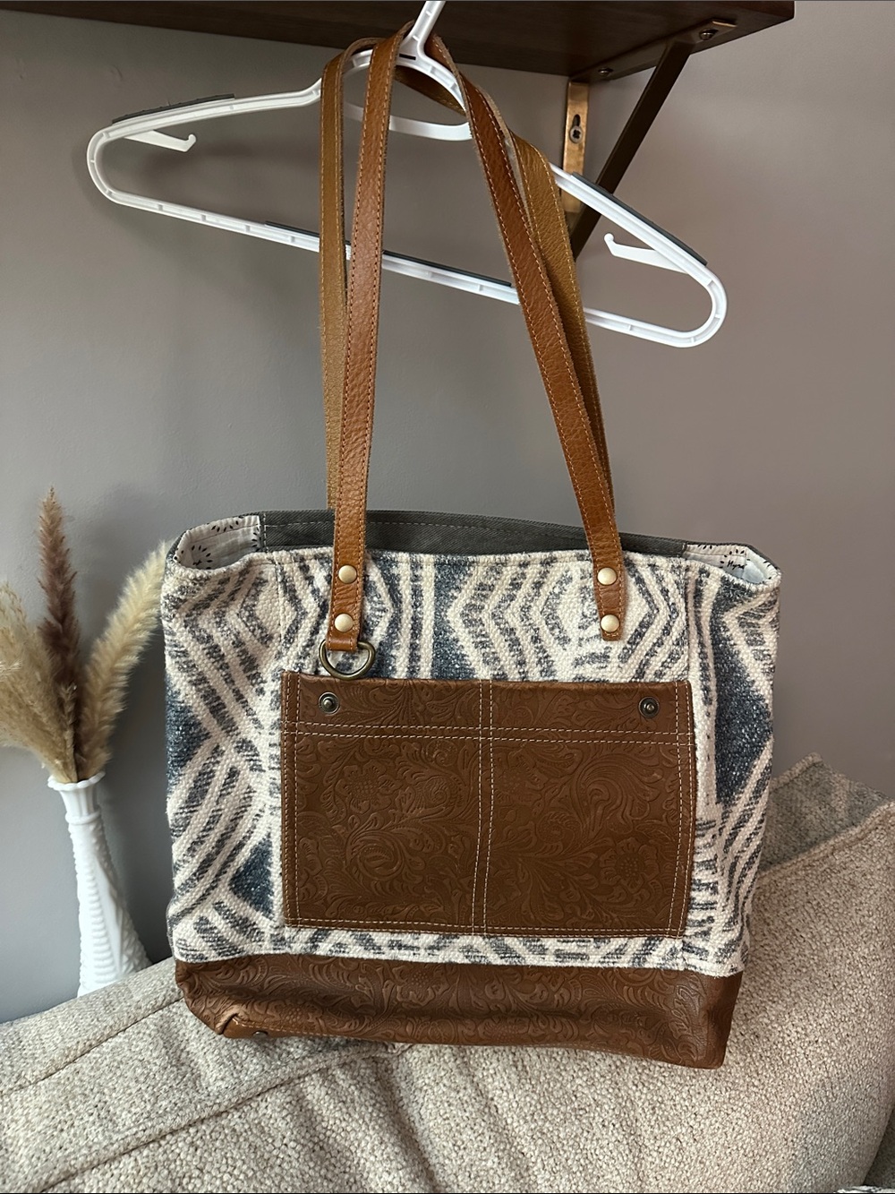 Myra Bag Cream and Brown Patterned Canvas Tote with Leather Trim